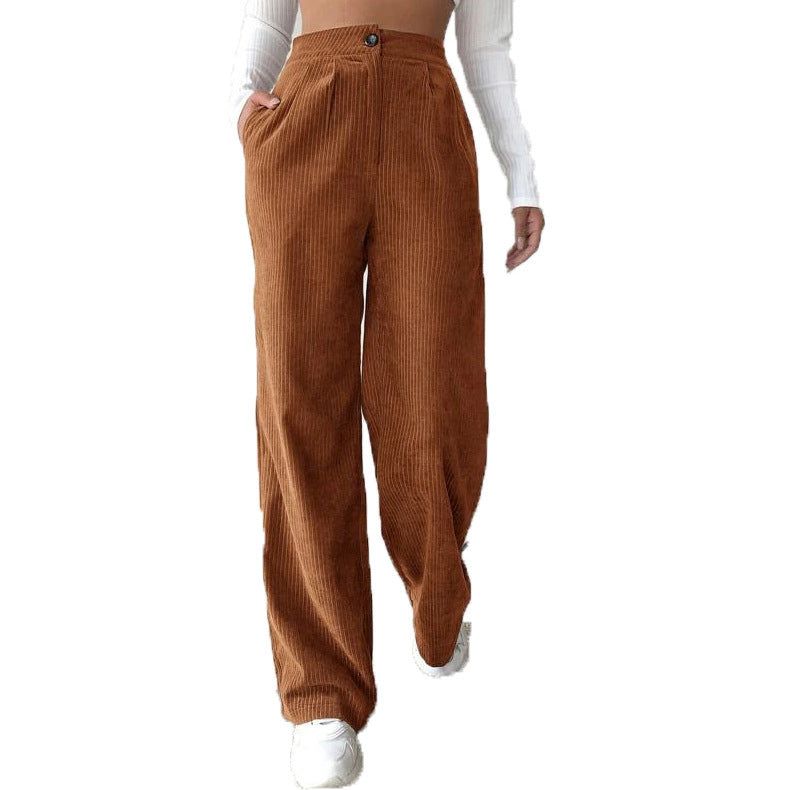 Women's High Waist Casual Pants Solid Color Corduroy Baggy Straight Trousers Orange - D&A