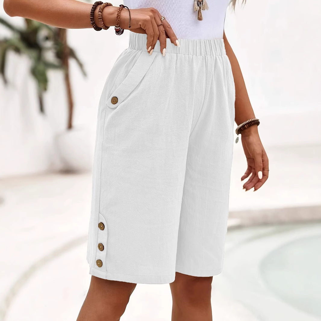 Cotton Linen Shorts Fifth Pants Women's Solid Color Casual Straight Pants - D&A