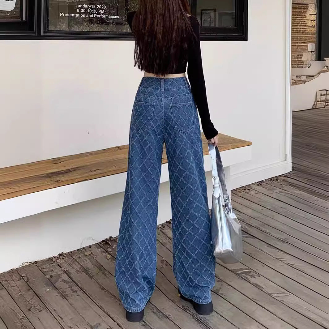 Summer Ladies New Loose Drooping Slimming Jacquard Design Straight-leg Denim Trousers - D&A