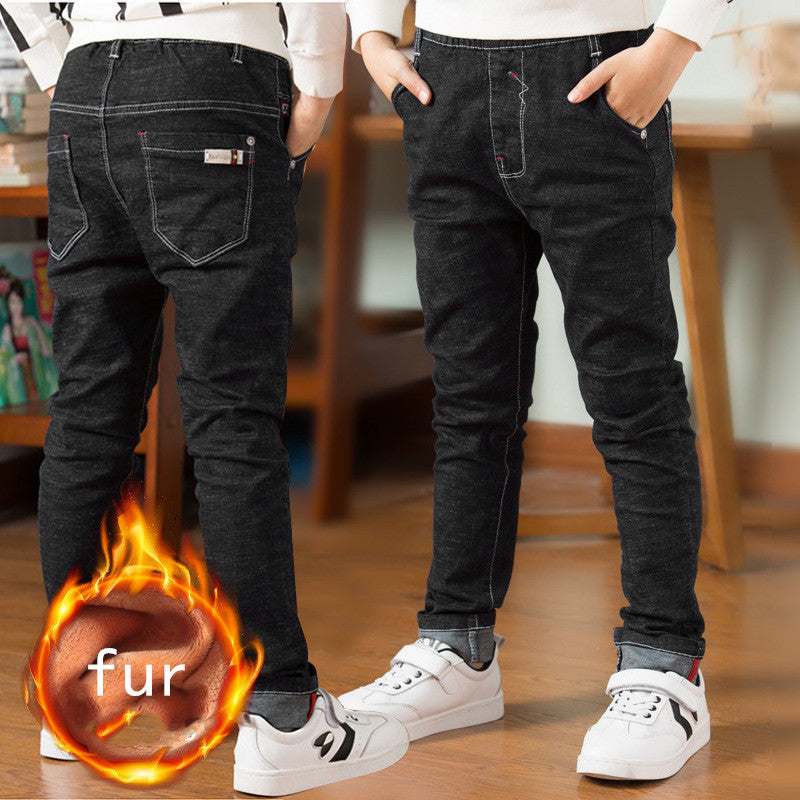 Children's Clothing, Boys' Jeans With Thick Fleece, Winter Children's Casual Wear Black fur - D&A