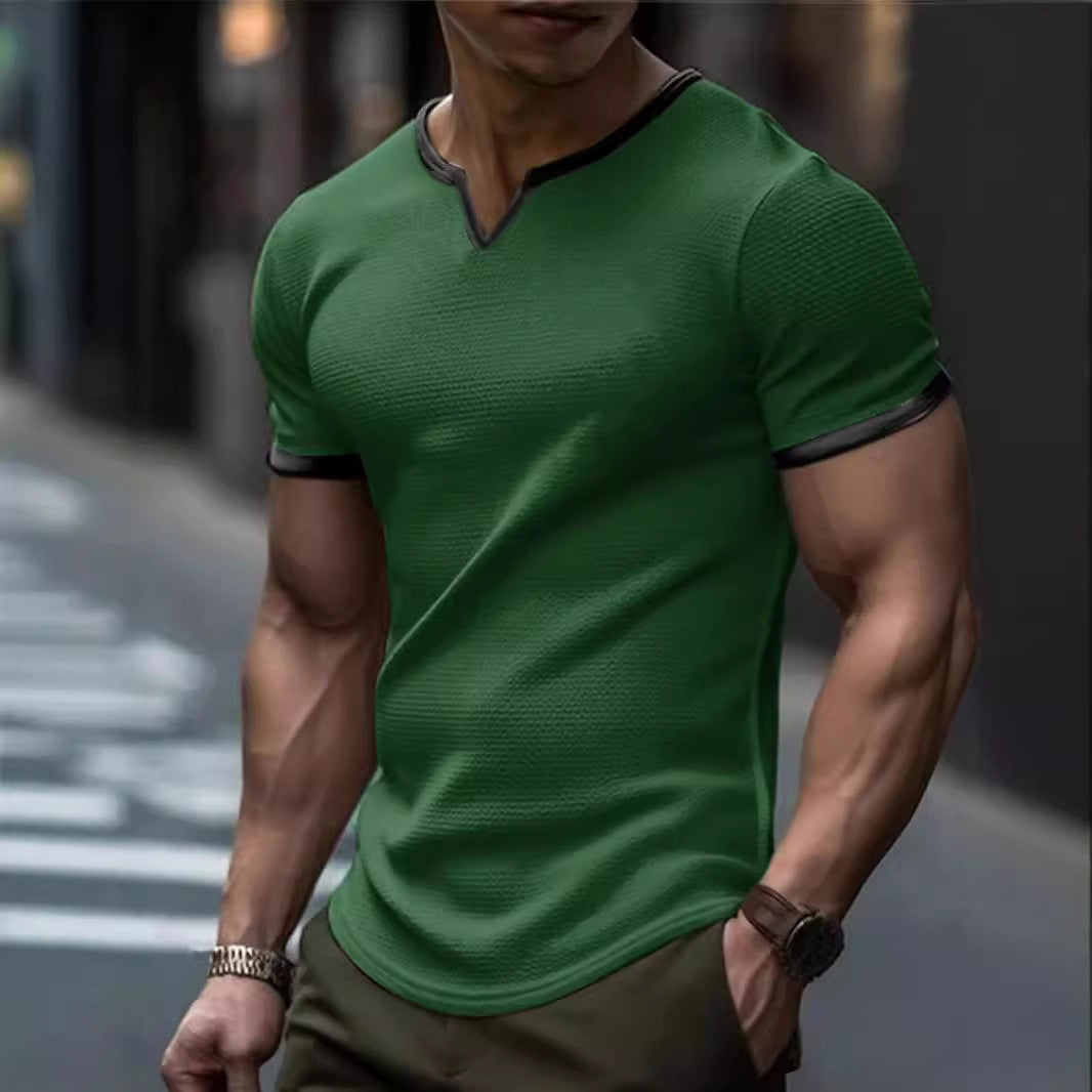 Color-block V Neck Outdoor Sports Waffle T-shirt - D&A