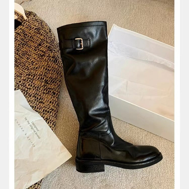 Washed Horse Leather Belt Buckle Thick Bottom Thigh High Boots Women - D&A