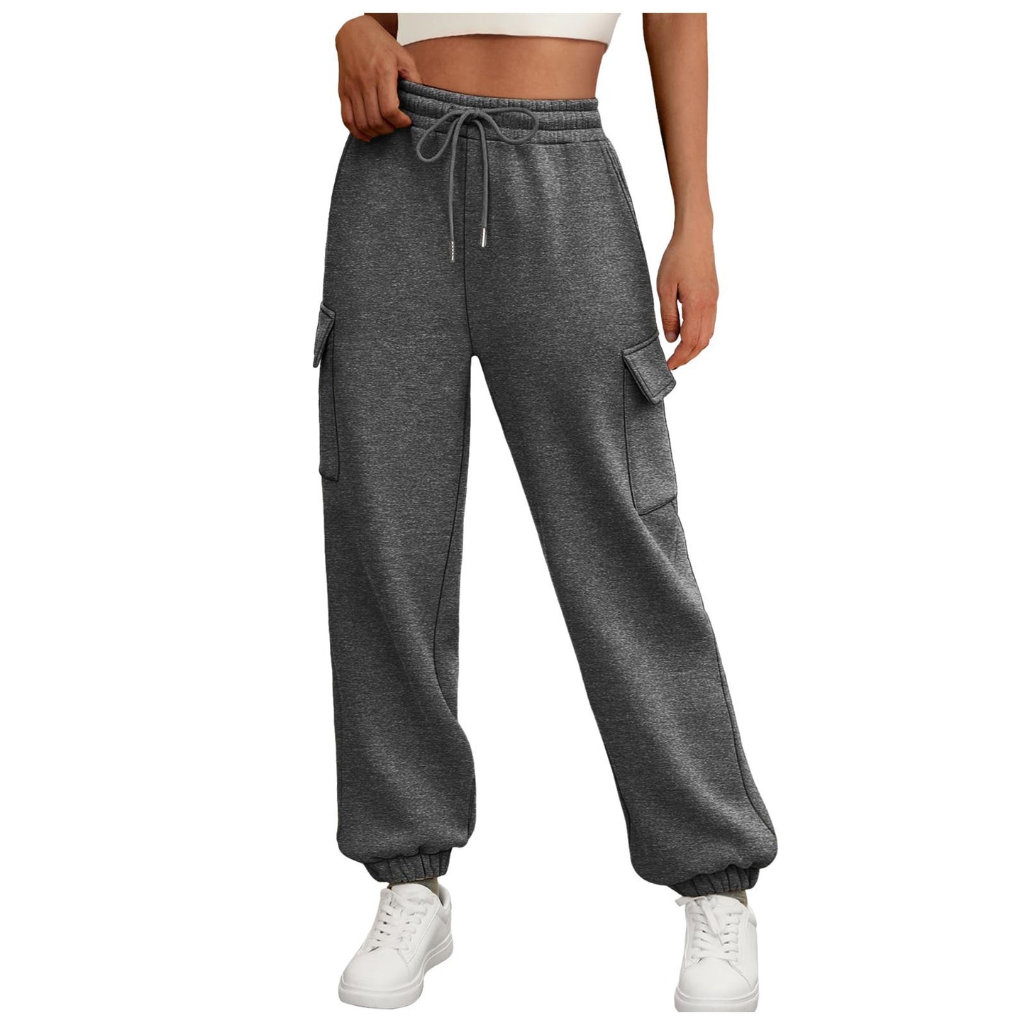Casual Side Pocket Elastic Waist Solid Color Straight-leg Pants Dark Gray - D&A