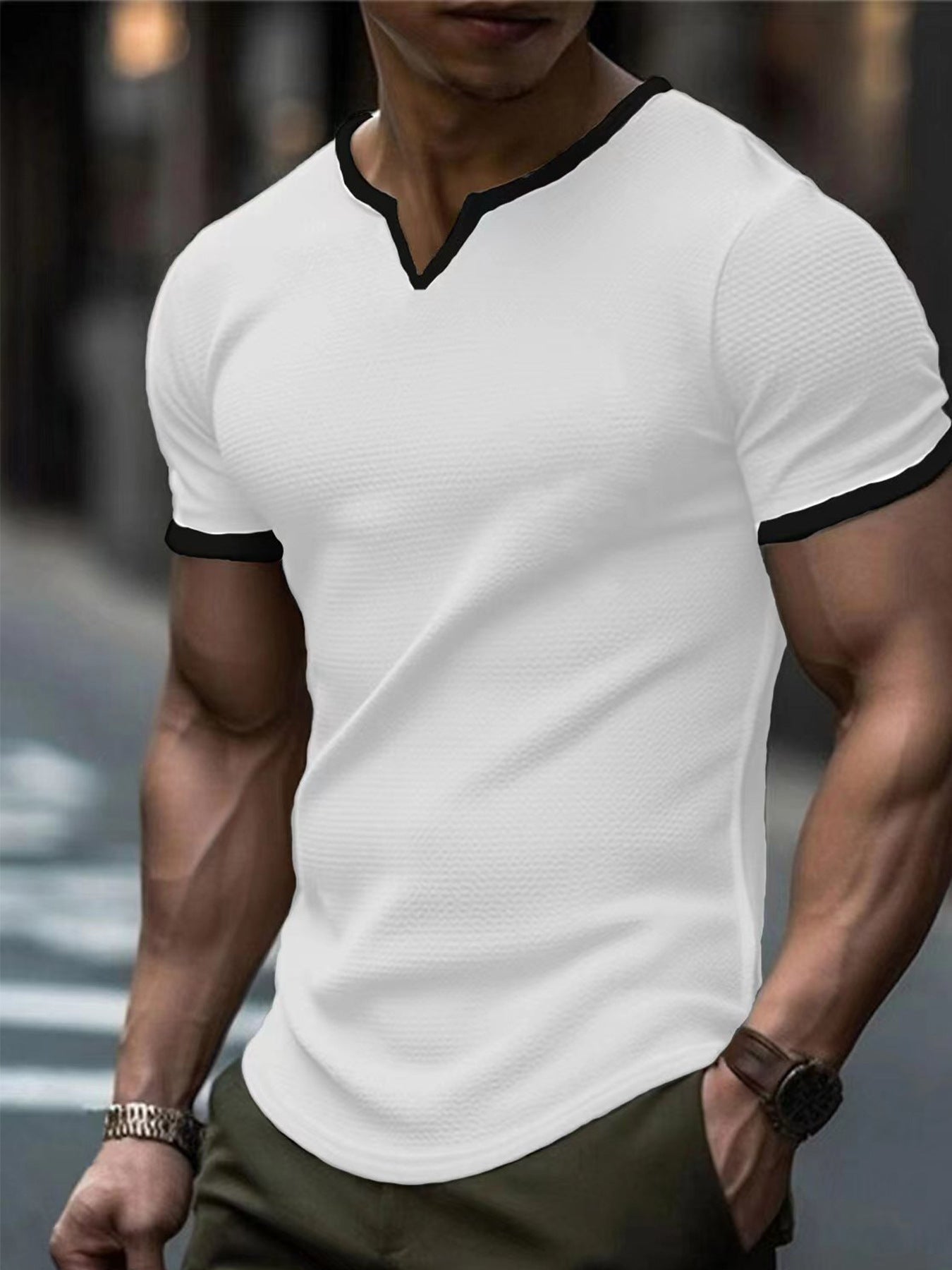 Color-block V Neck Outdoor Sports Waffle T-shirt White - D&A
