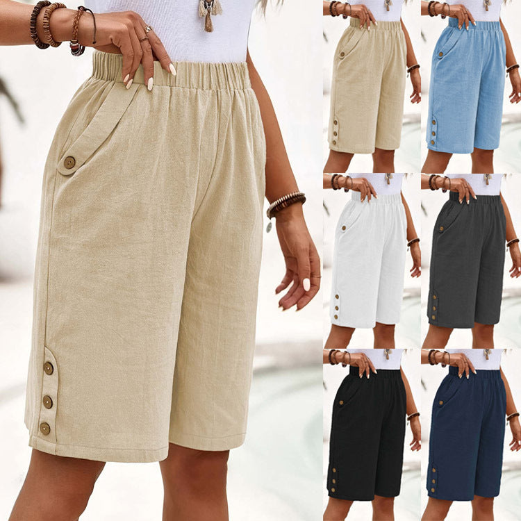 Cotton Linen Shorts Fifth Pants Women's Solid Color Casual Straight Pants - D&A