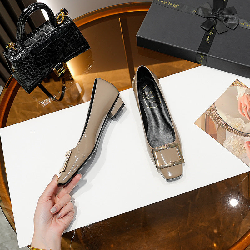 Square Buckle Flats Patent Leather Square Toe Low-cut Shoes Bare Gray 2.5cm - D&A