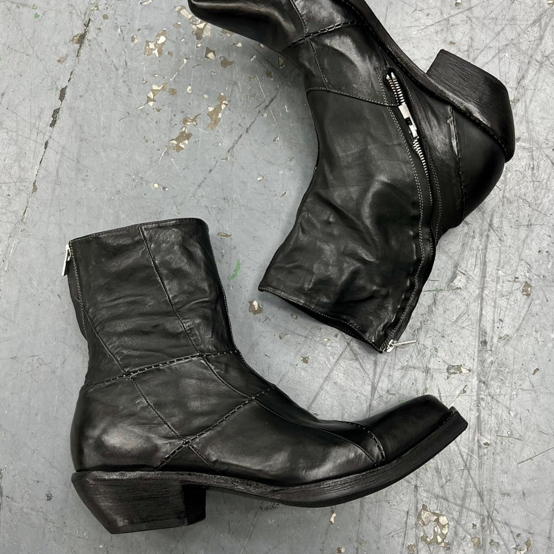 Men's Retro Dark Stitched Patchwork Square Toe Boots - D&A