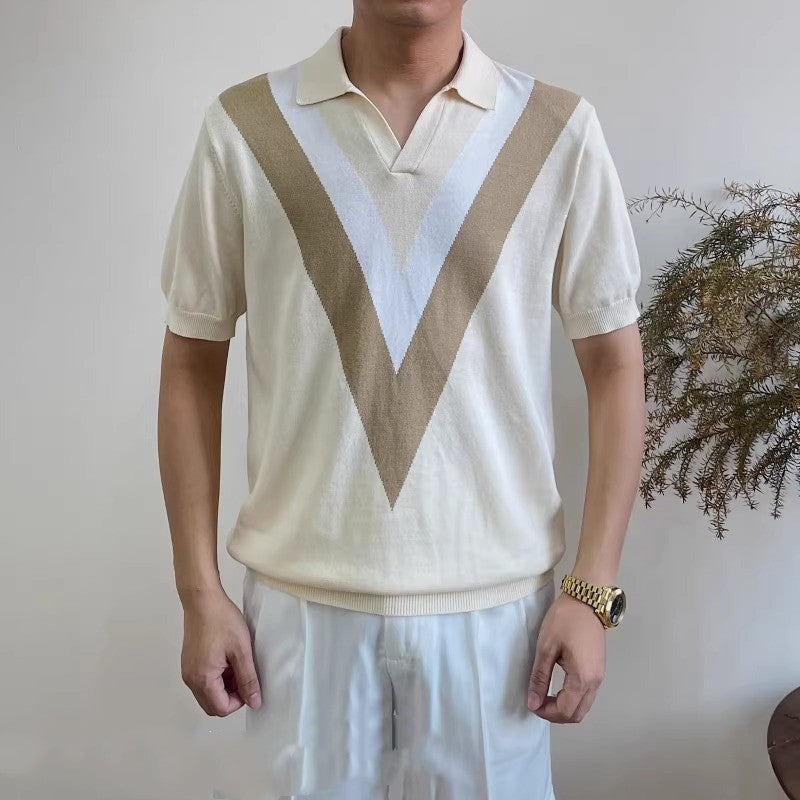 V-neck Short-sleeved Sweater Men's Striped Apricot - D&A