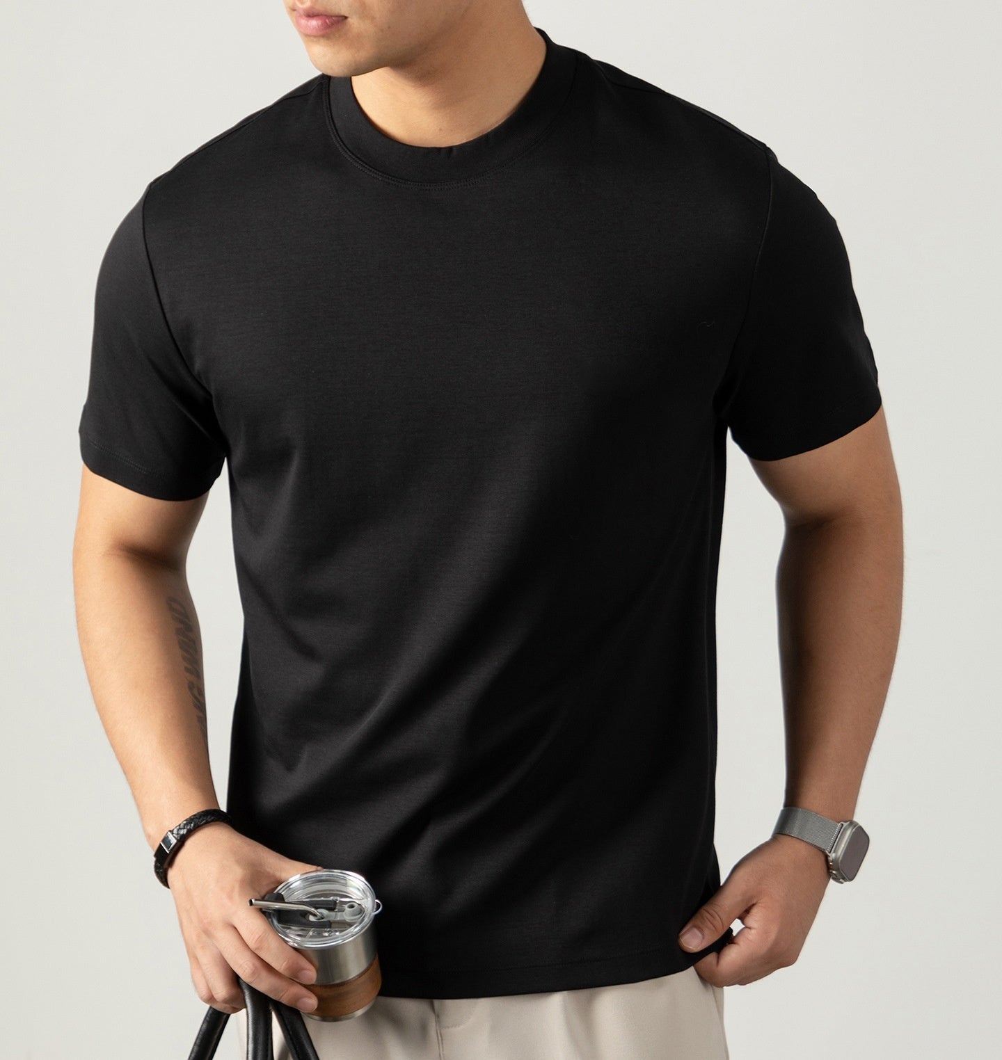 Cold Liquid Ammonia Mercerized Cotton Short-sleeved T-shirt For Men Black - D&A
