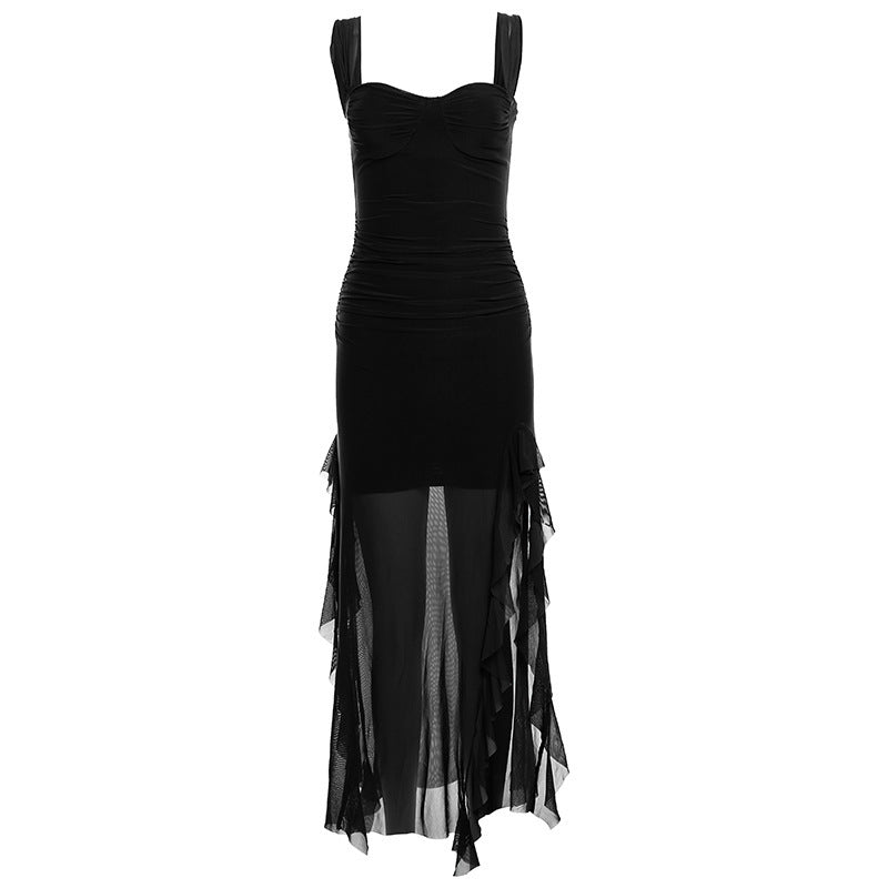 Spring New Women's Sexy Hot Girl Strap Tube Top Split Sheath Long Dress Black - D&A