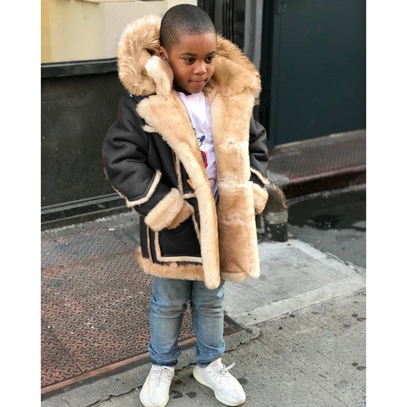 Boys' Warm Fur All-in-one Fashion Hooded Jacket Black - D&A