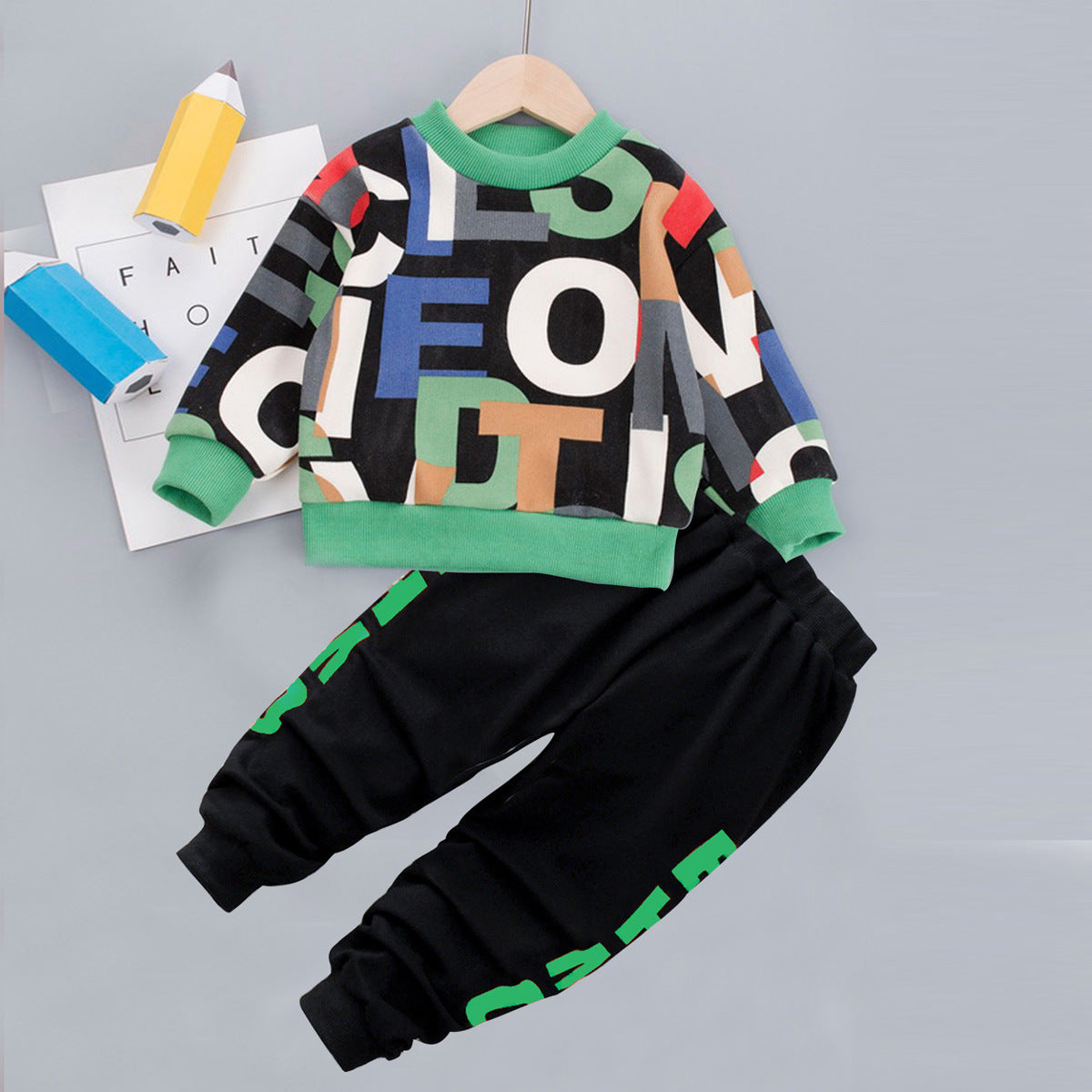 Spring children's clothing boy and girl suit two-piece cartoon sweater Green - D&A