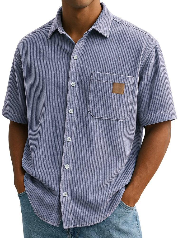 Versatile Leisure Corduroy Leather Sticker Pocket Short Sleeve Shirt Purple - D&A