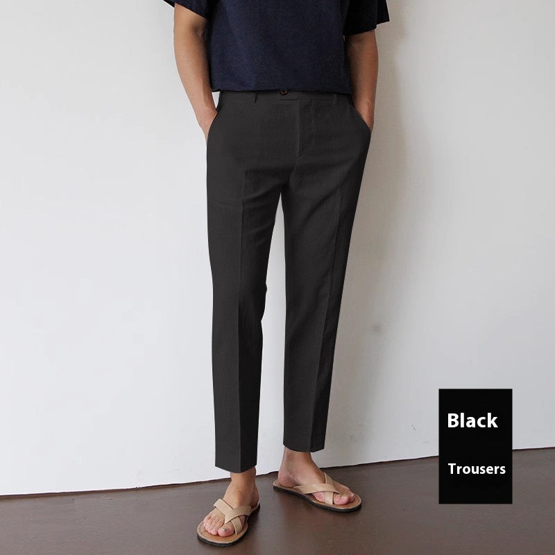 White For Men Cotton Fabric Cropped Linen Trousers Black Trousers - D&A