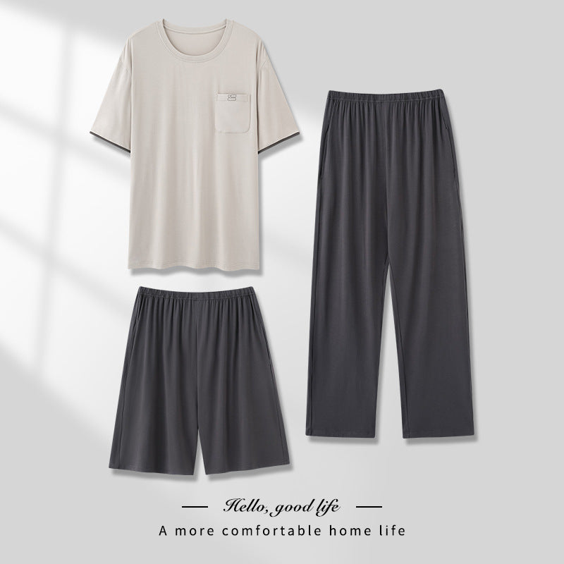 Men's Pajamas Thin Spring And Summer Modal Short-sleeved Trousers Three-piece Home Wear Suit QK1684 - D&A