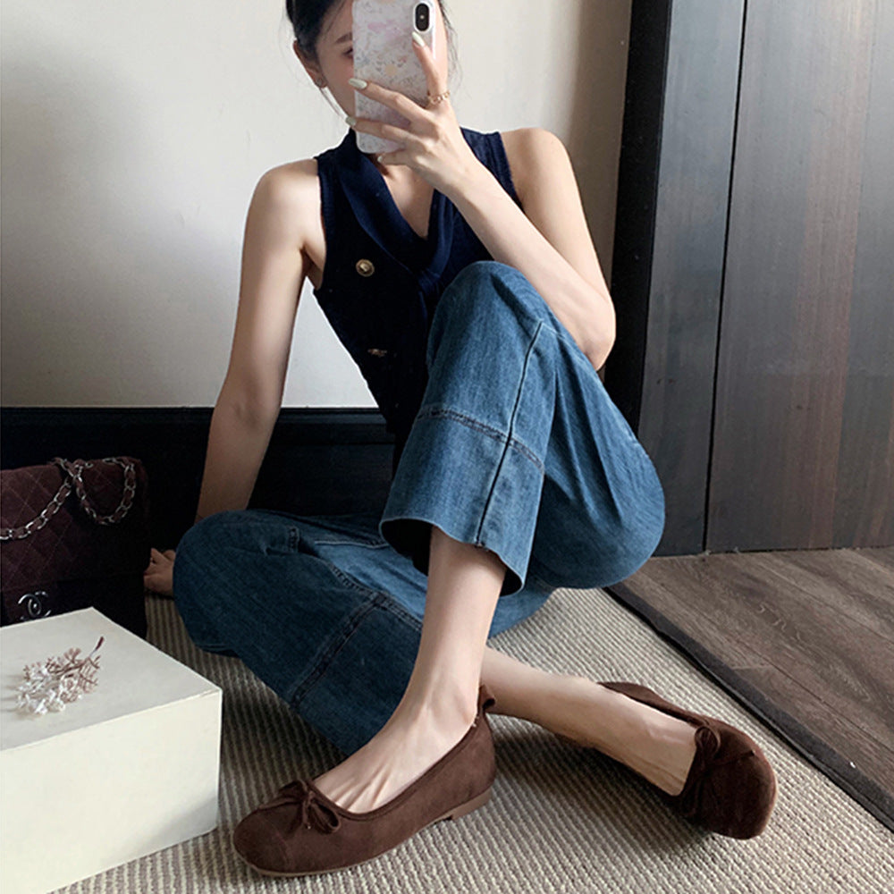 Women's Round-toe Ballet-style Bowknot Soft Surface Low-cut Flat Shoes - D&A