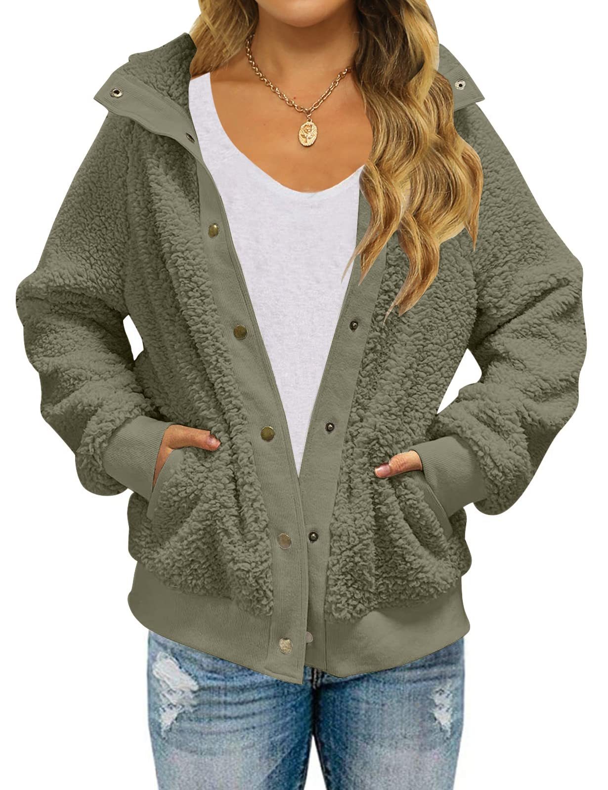 Winter Long Sleeve Button Sherpa Jacket Coat Pockets Green - D&A