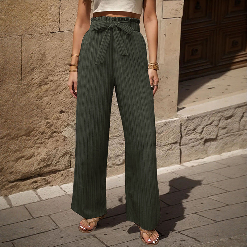 Tied Lotus Leaf Elastic Trousers Army Green - D&A