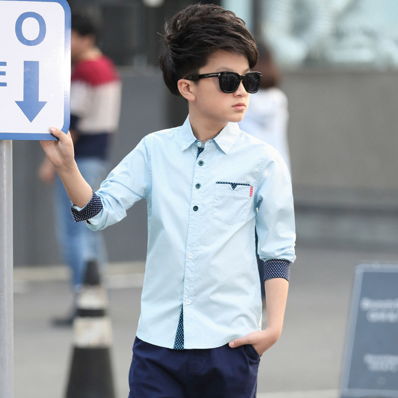 Student Spring And Autumn Trendy Fan Lapel Polka Dot Shirt Blue - D&A