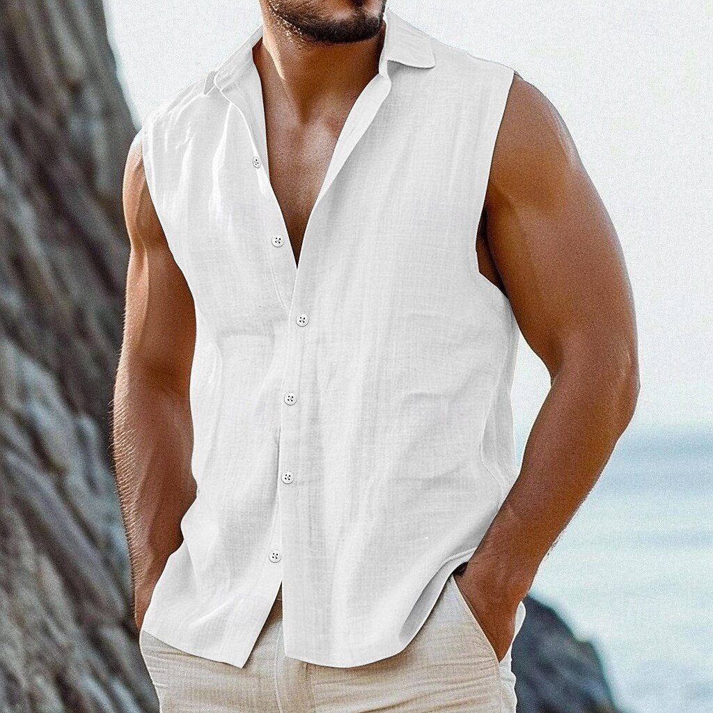 Cotton Linen Lapel Thin Simple Shirt Vest White - D&A