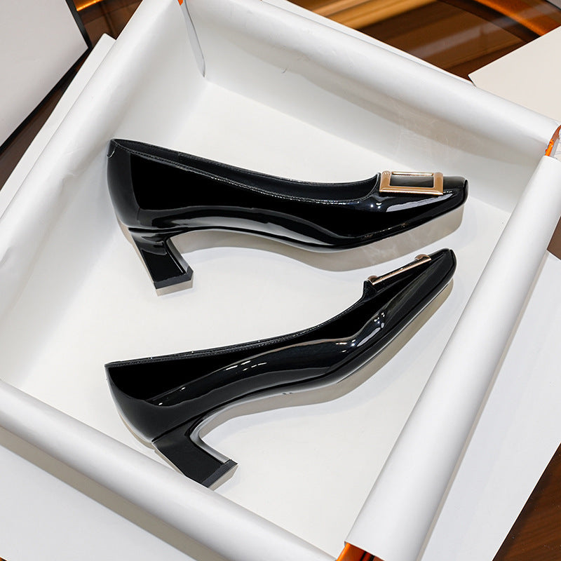 Square Buckle Flats Patent Leather Square Toe Low-cut Shoes Black 4cm Root - D&A