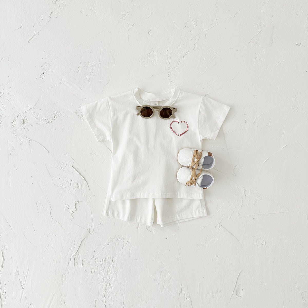 Heart Printing Short Sleeve Suit Korean Style Baby Boys' And Girls' Clothing Two-piece Set White - D&A