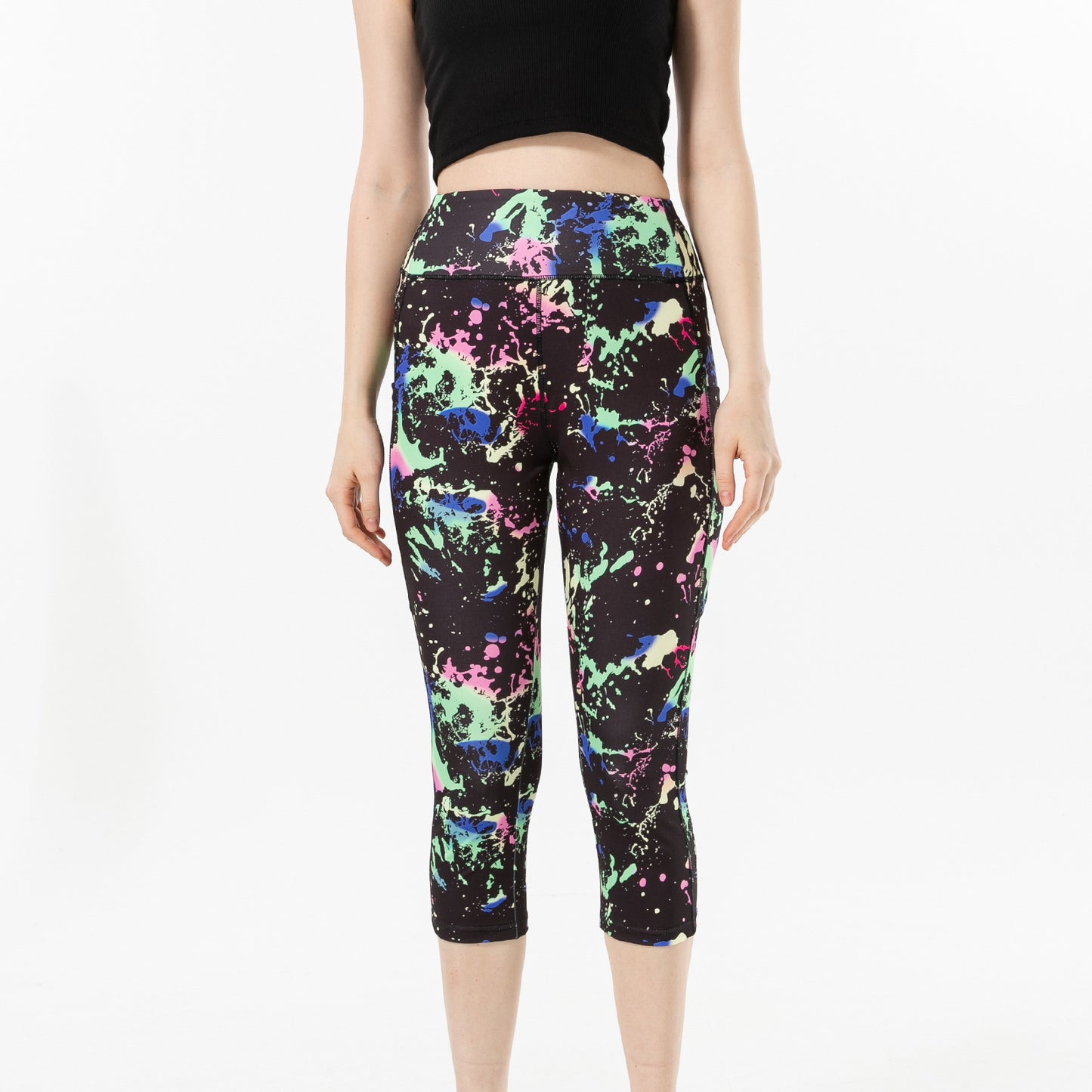 Three-color Water Drop Print Yoga Pants Pocket Cropped Leggings - D&A