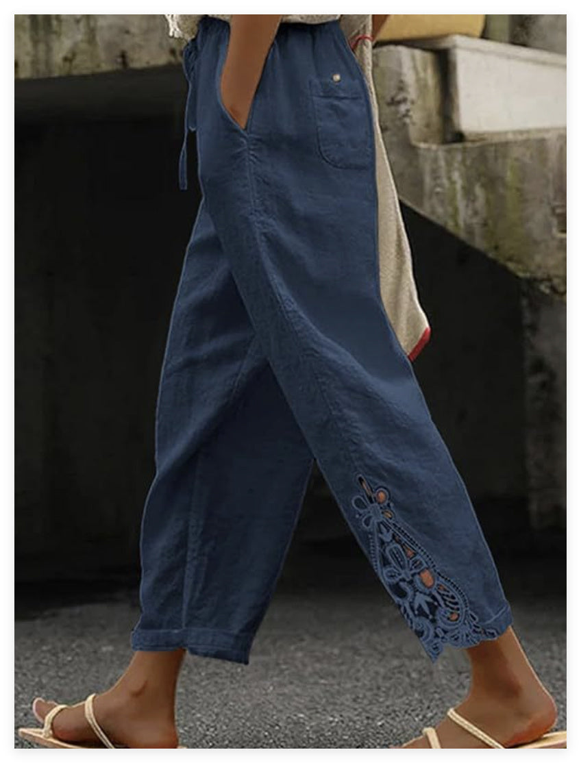 Women's Casual Pants Baggy Straight Trousers Blue - D&A