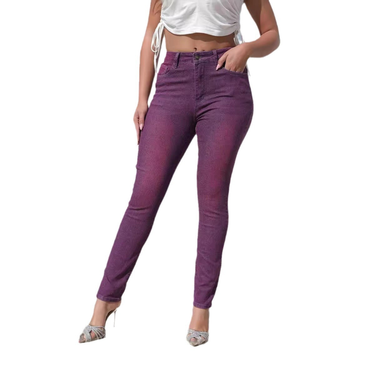 Washed Skinny Pants High Waist Women's Jeans Purple - D&A