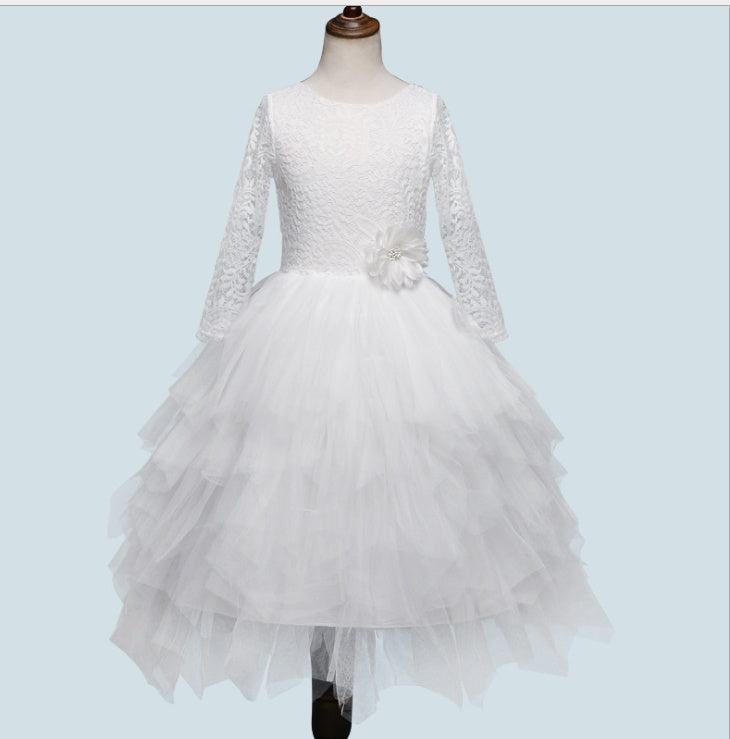 Autumn And Winter Explosions Hollow Children's Skirt Lace Long-sleeved Girls White Princess Dress Irregular Dress White - D&A