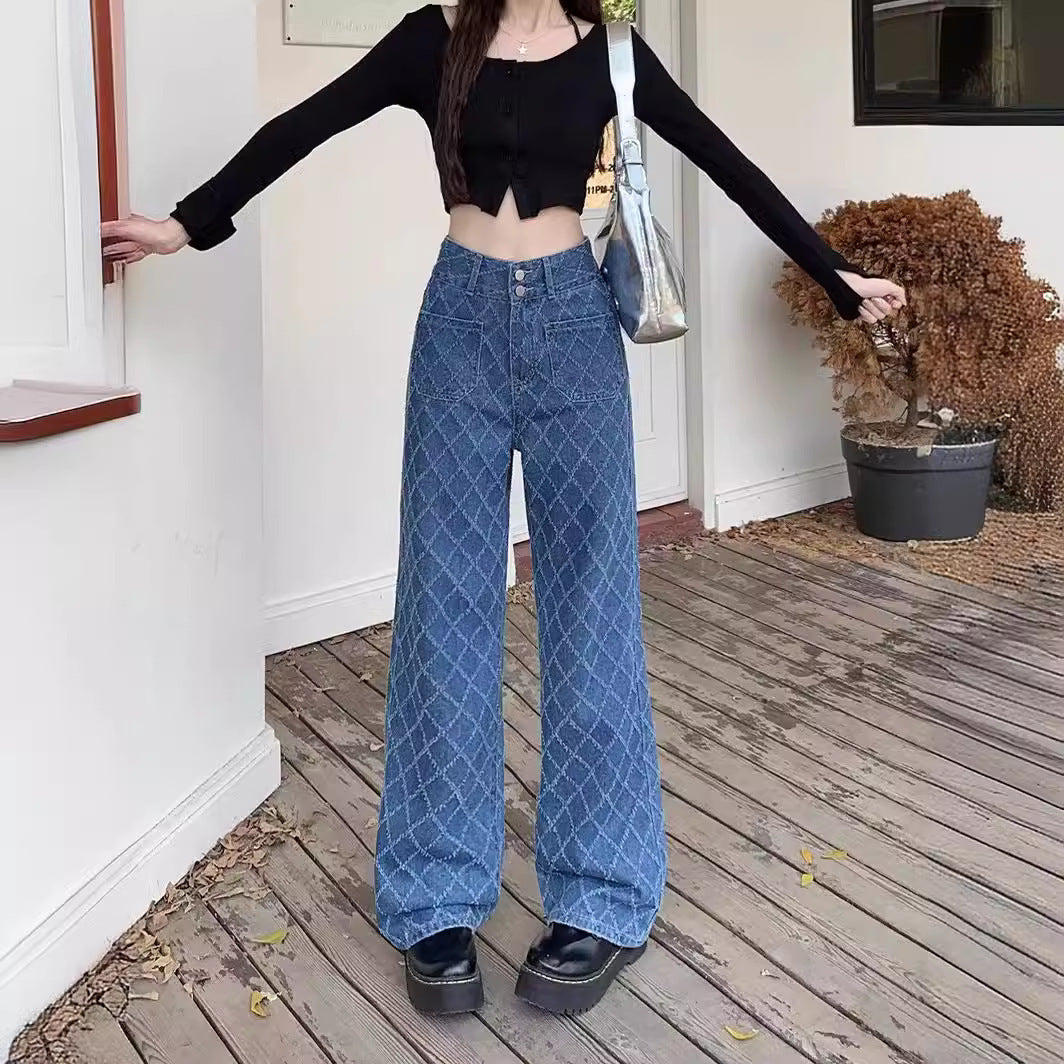 Summer Ladies New Loose Drooping Slimming Jacquard Design Straight-leg Denim Trousers - D&A