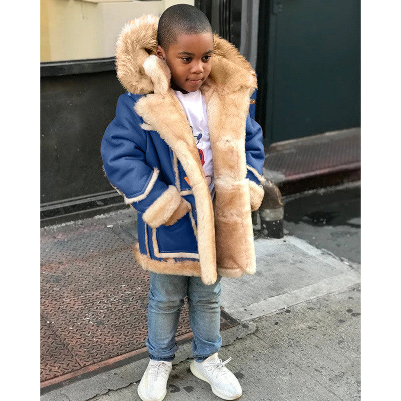 Boys' Warm Fur All-in-one Fashion Hooded Jacket Blue - D&A