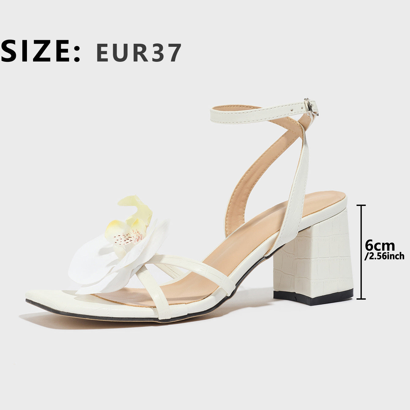 Women's Square Toe Three-dimensional Flower Solid Color Chunky Heel Sandals - D&A