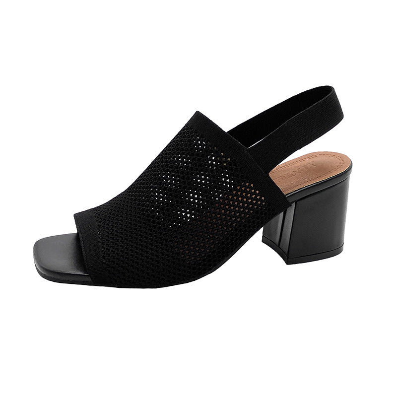 European And American Flying Woven High Heel Chunky Heel Sandals For Women Black - D&A