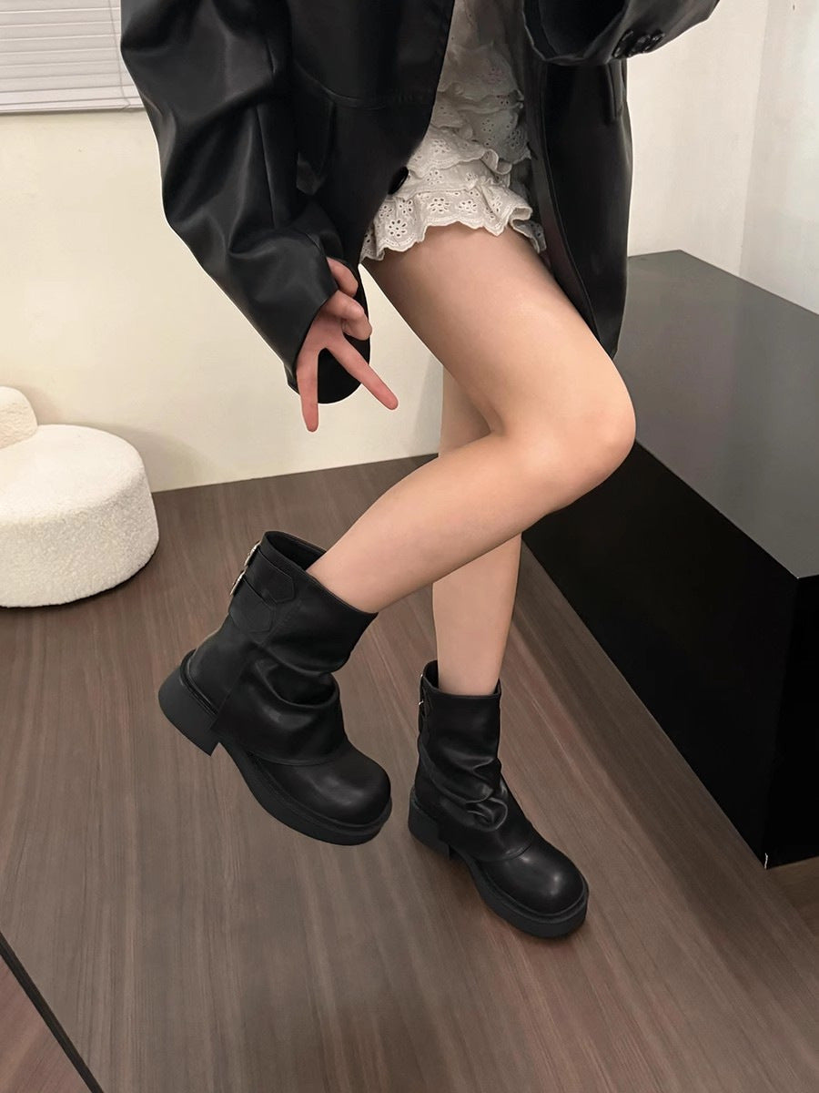 British Street Pleated Sleeve Slugged Bottom Boots Black - D&A
