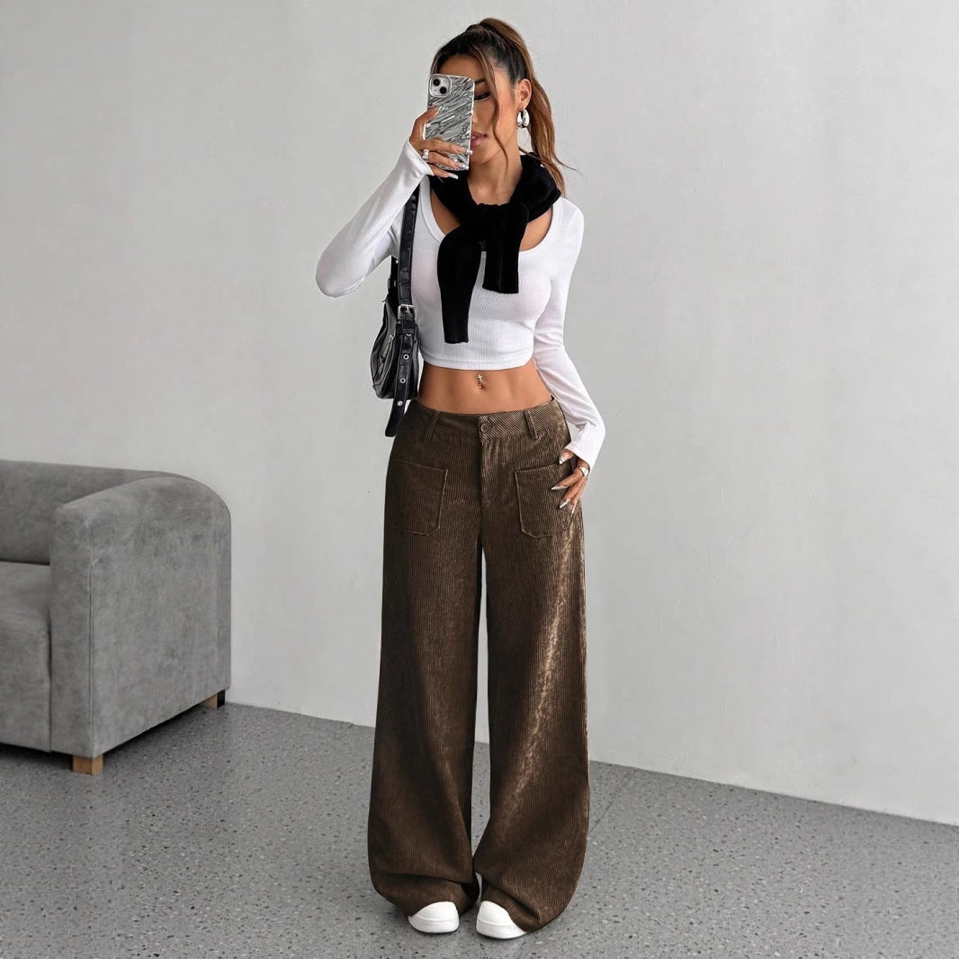 Corduroy Pants Women's Loose Fashion Casual Pants Coffee - D&A