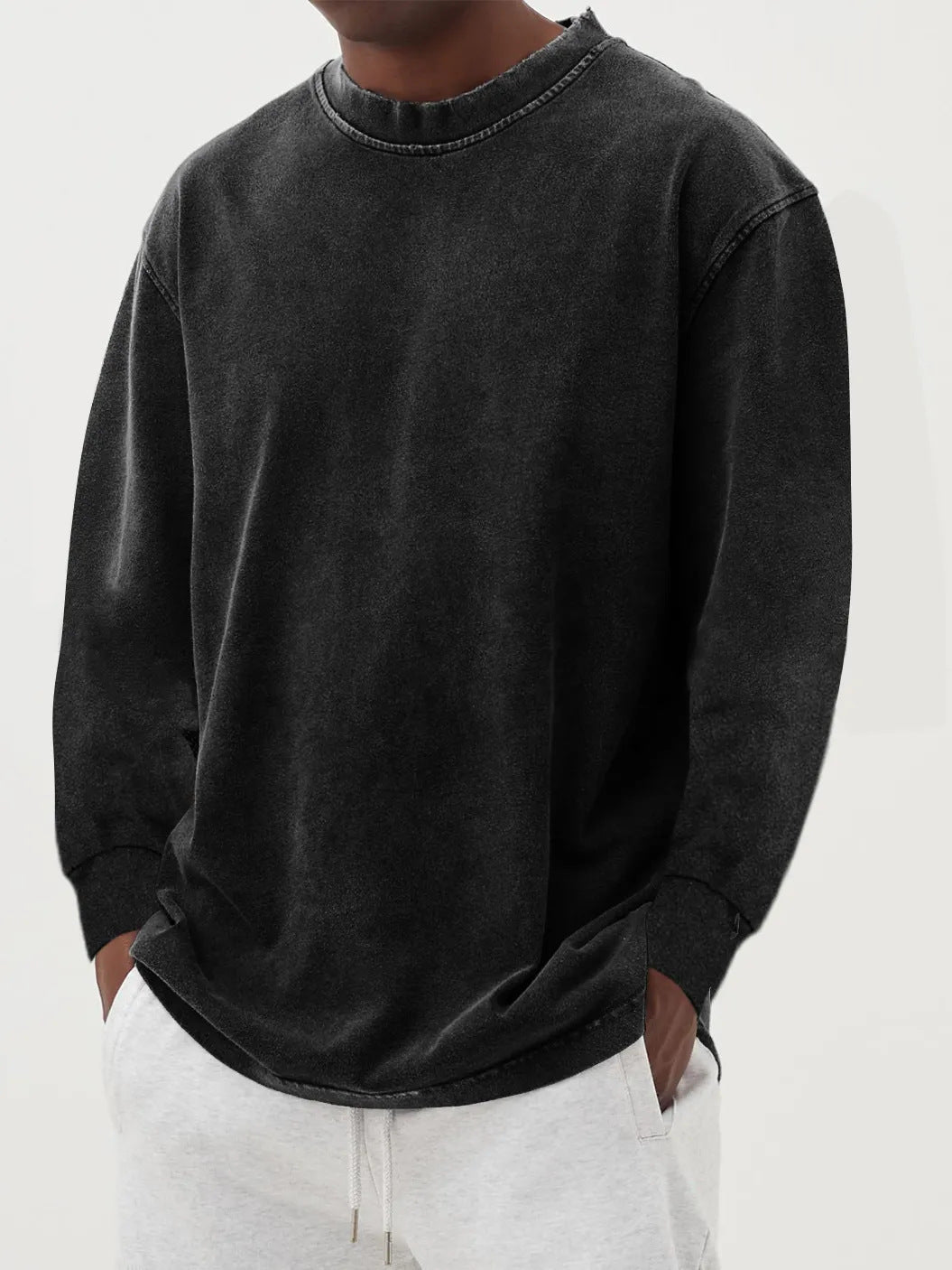 Washed Old Solid Color Men's Long-sleeved T-shirt Black - D&A