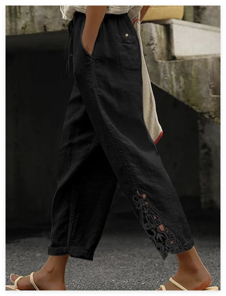 Women's Casual Pants Baggy Straight Trousers Black - D&A