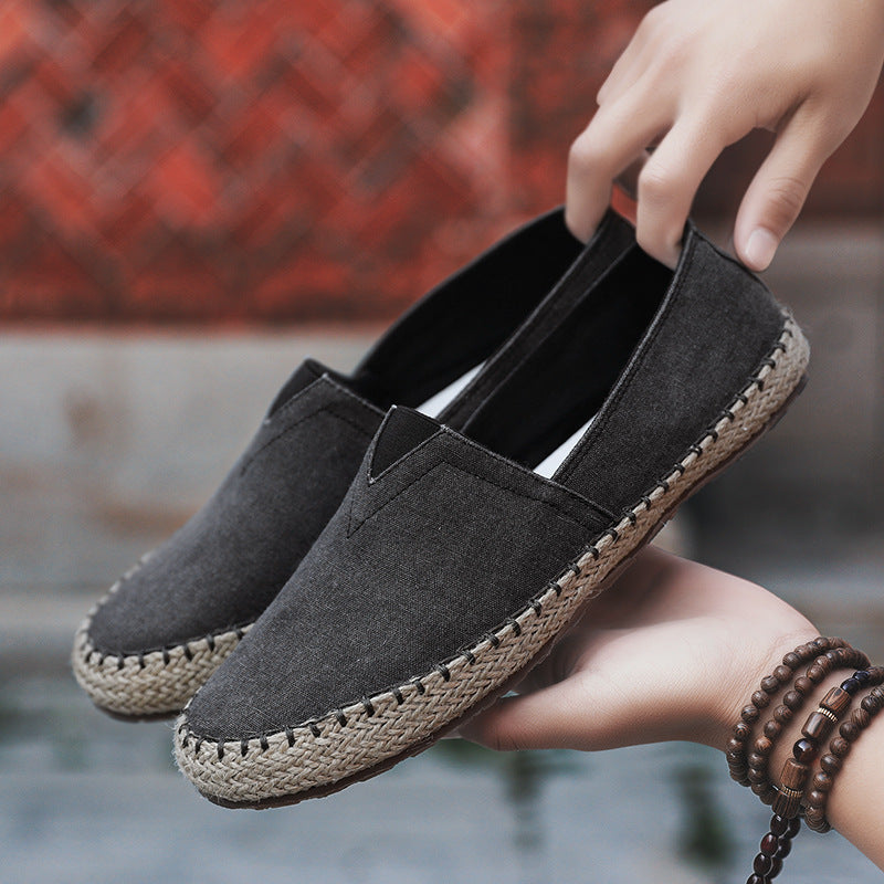 Summer Breathable Canvas Slip-on Lofter Men's Casual Linen Cloth Shoes Black - D&A