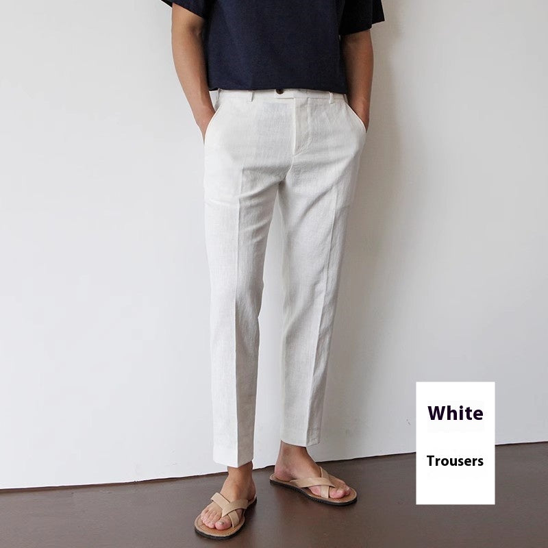 White For Men Cotton Fabric Cropped Linen Trousers White Trousers - D&A