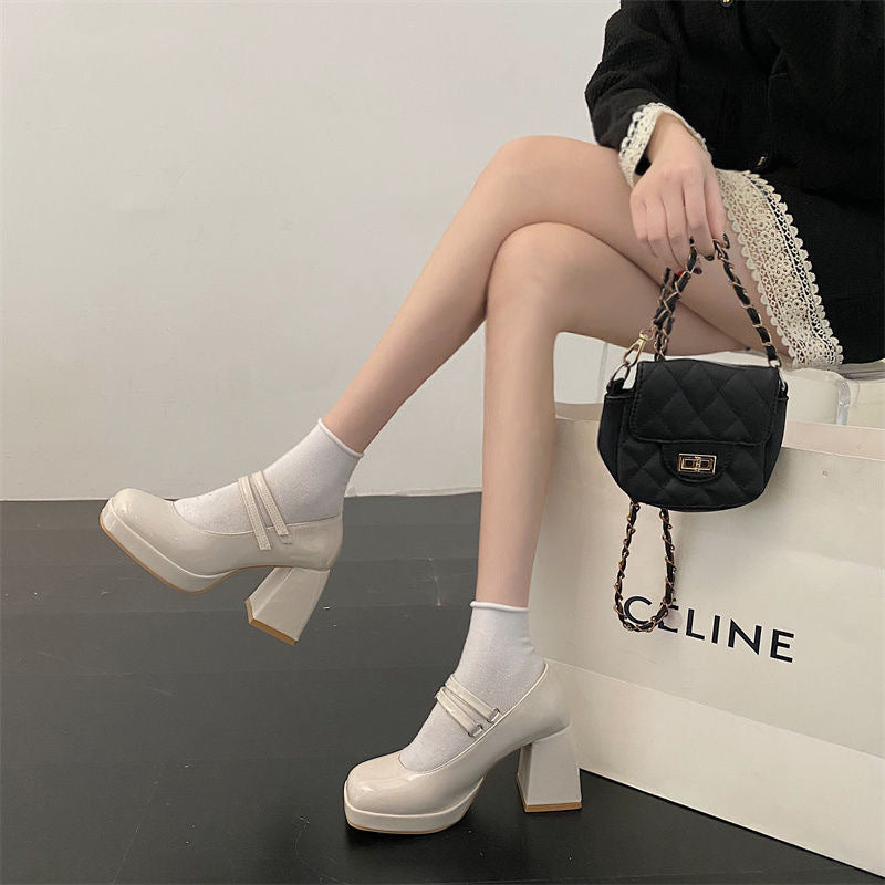 White Mary Jane Chunky Heel Wedding Shoes Beige High Edition - D&A