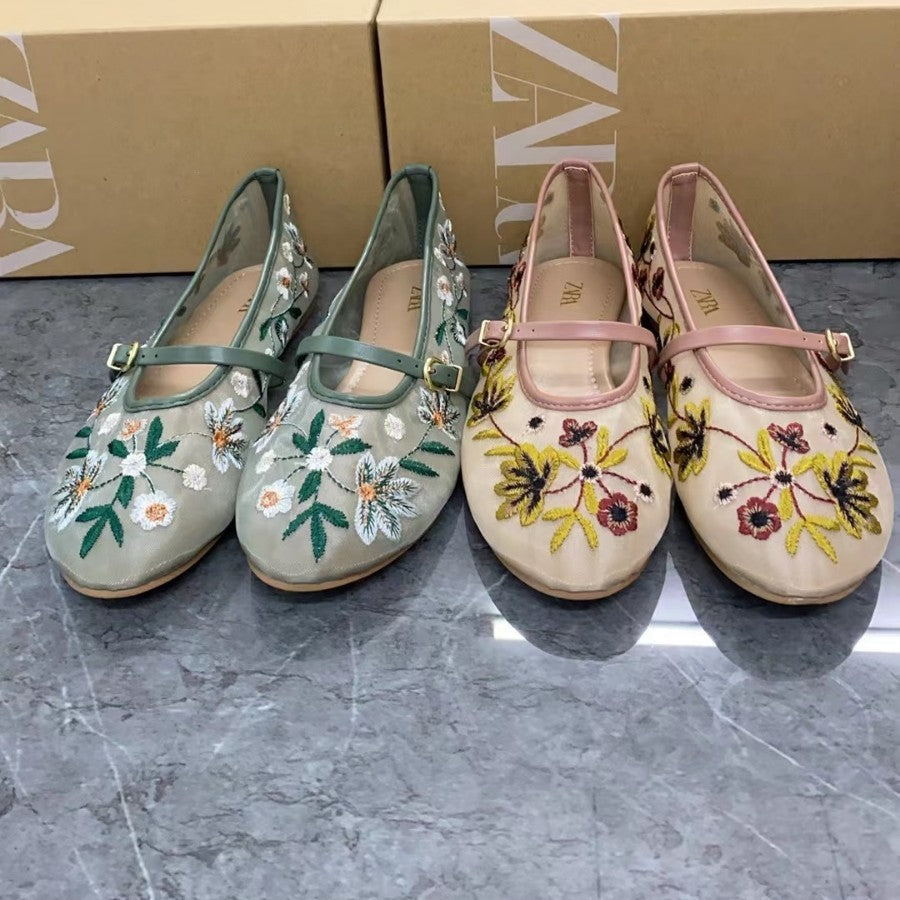 Women's Shoes Green Flower Embroidered Mesh Cloth Ballerina Flats New Guo Feng - D&A