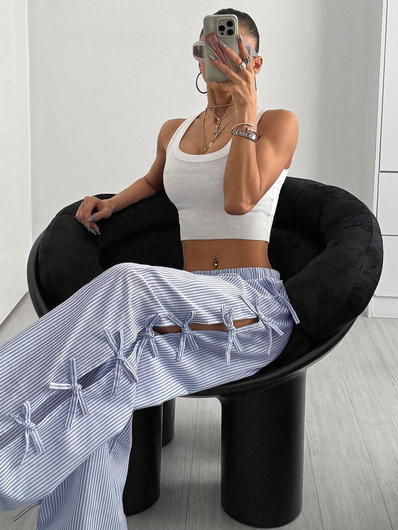 Waist Side Tie Bow Striped Wide Leg Pants - D&A