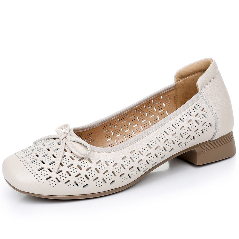 Summer Genuine Leather Breathable Low-cut Women's Shoes Beige - D&A
