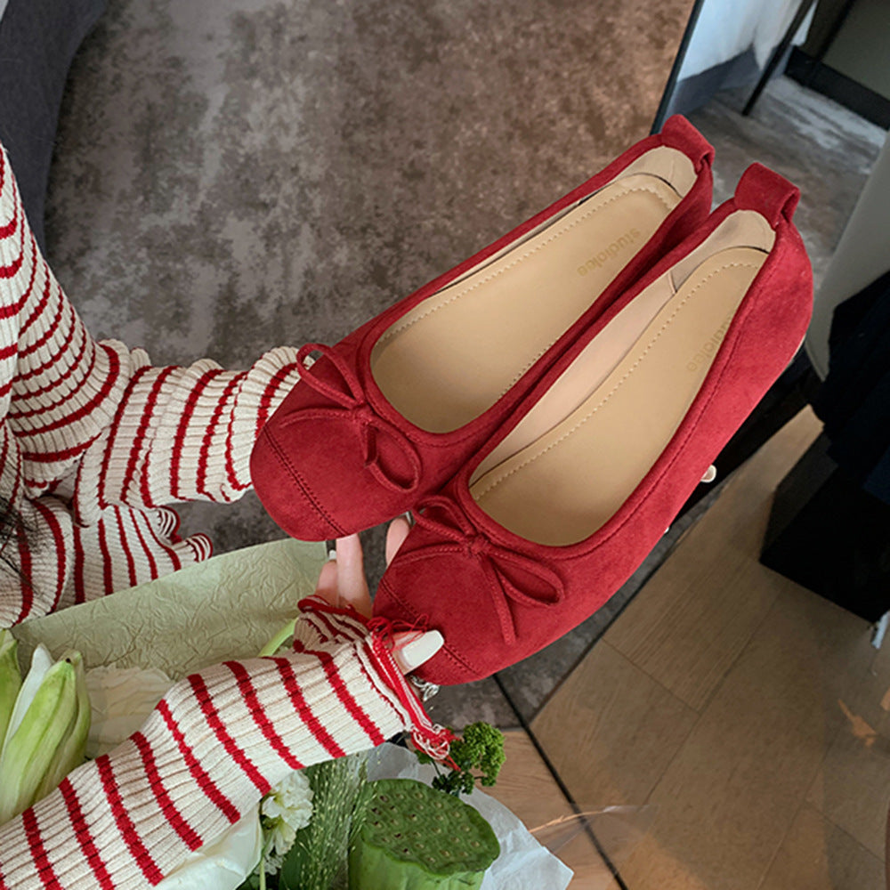 Women's Round-toe Ballet-style Bowknot Soft Surface Low-cut Flat Shoes Red - D&A