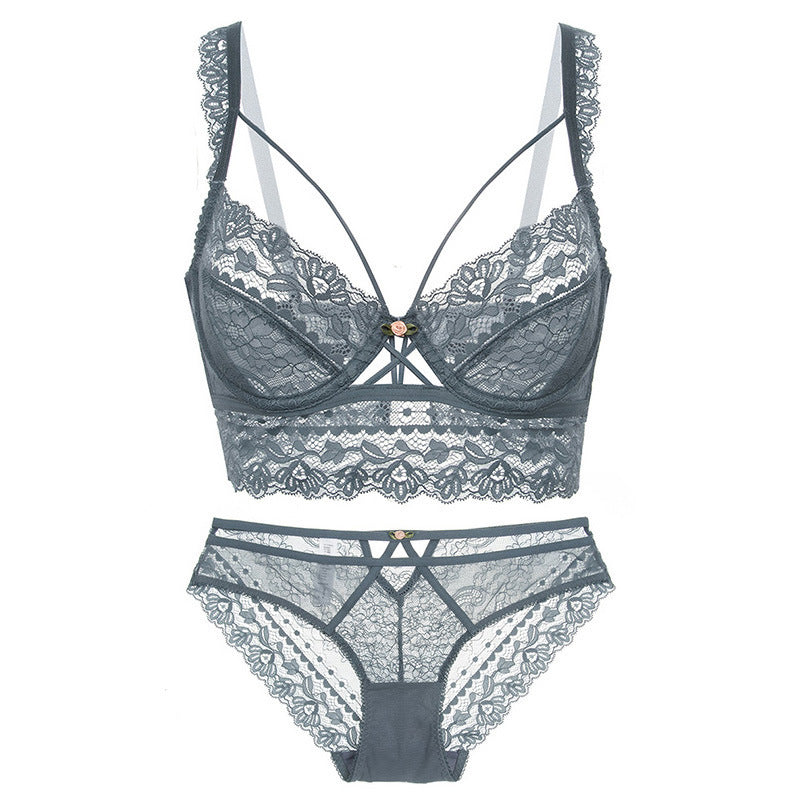 Ultra-thin Transparent Bra Sexy Lace Ladies Underwear Bra Set Blue - D&A