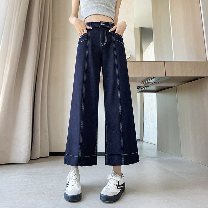 Stitching Double-line Wide-leg Denim Ankle-length Pants Women Denim Blue Nine Points - D&A
