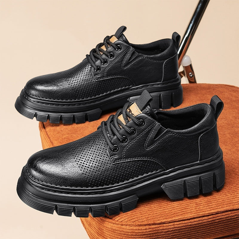 Genuine Leather Breathable Platform Height Increasing Work Casual Shoes Black - D&A