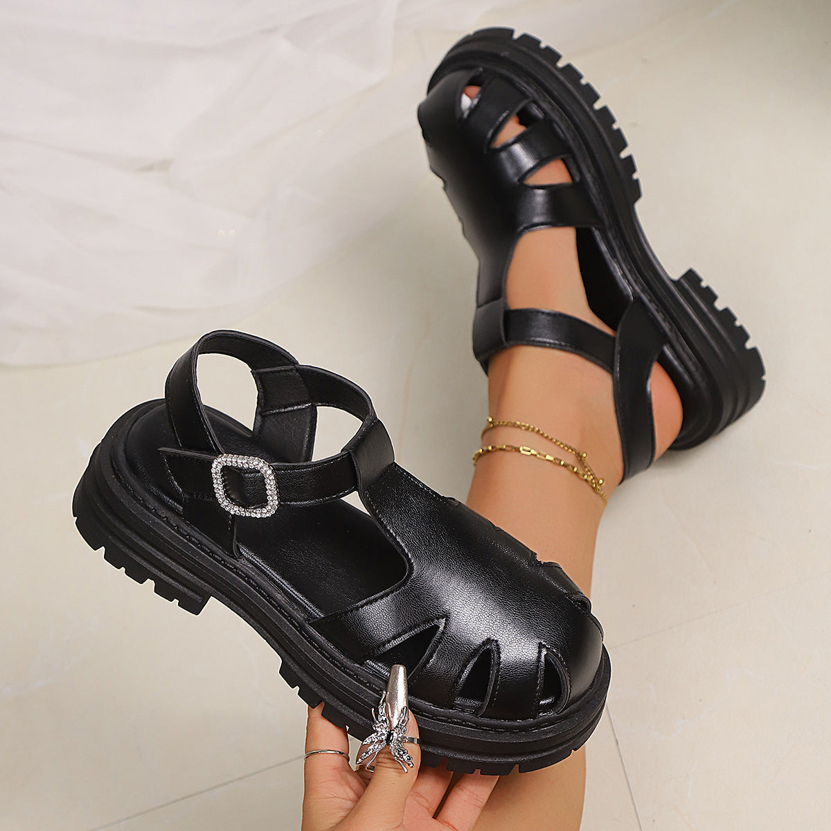 Sandals Summer New Style Back Empty Buckle Front Toe Cap Hollowed Women's Shoes Black - D&A
