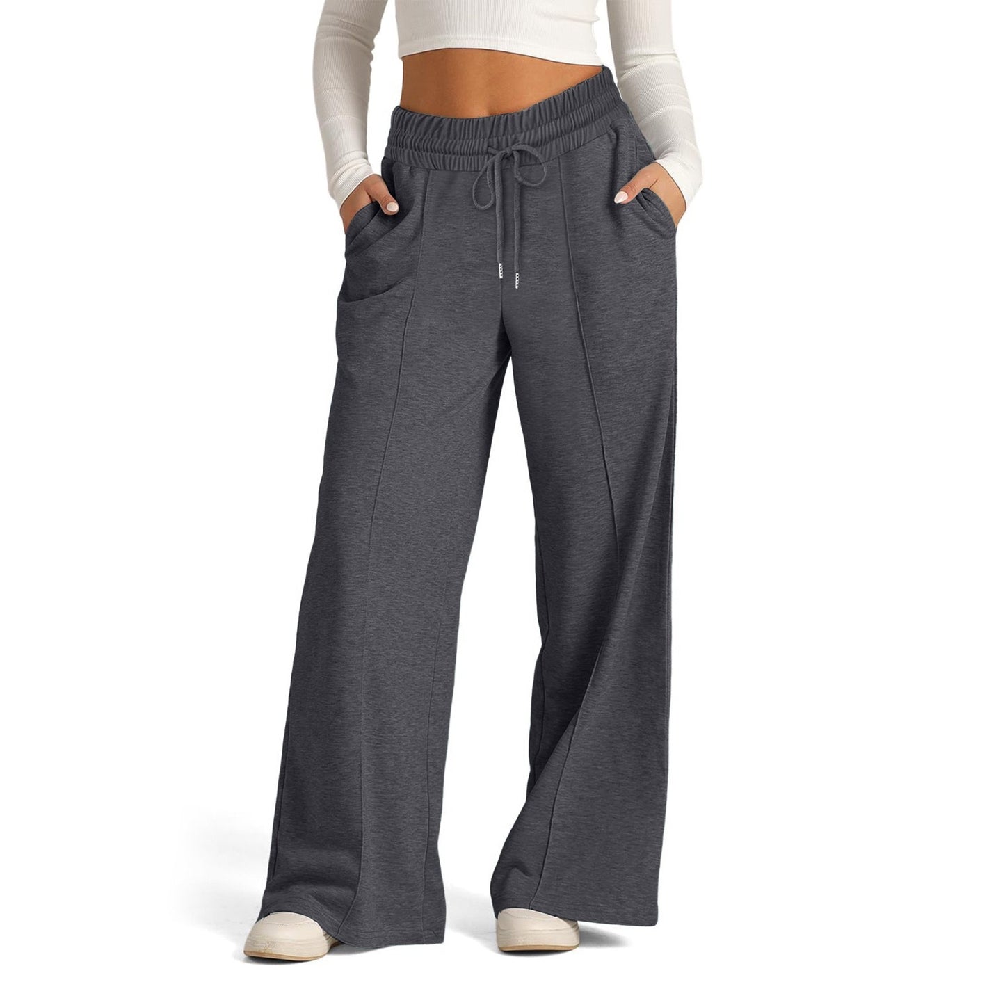 Women's Lace-up Solid Color Waist Tight Fashion Wide-leg Casual Pants Dark Gray - D&A